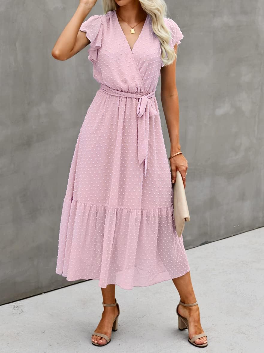 BTFBM Women Summer Bohemian Floral Casual Wrap V Neck Ruffle Cap Sleeveless Belt A-Line Pleated Hem Midi Sun Dress White