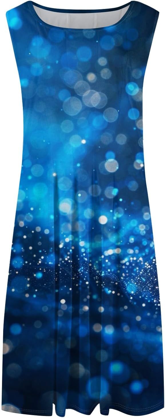 Womens Tank Sundress 2025 Casual Floral Print Tshirt Dress Swing Sleeveless Midi Dress Crewneck Pleated Summer Dresses