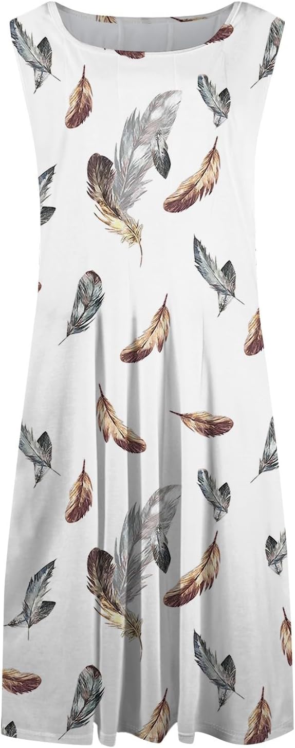 Womens Tank Sundress 2025 Casual Floral Print Tshirt Dress Swing Sleeveless Midi Dress Crewneck Pleated Summer Dresses