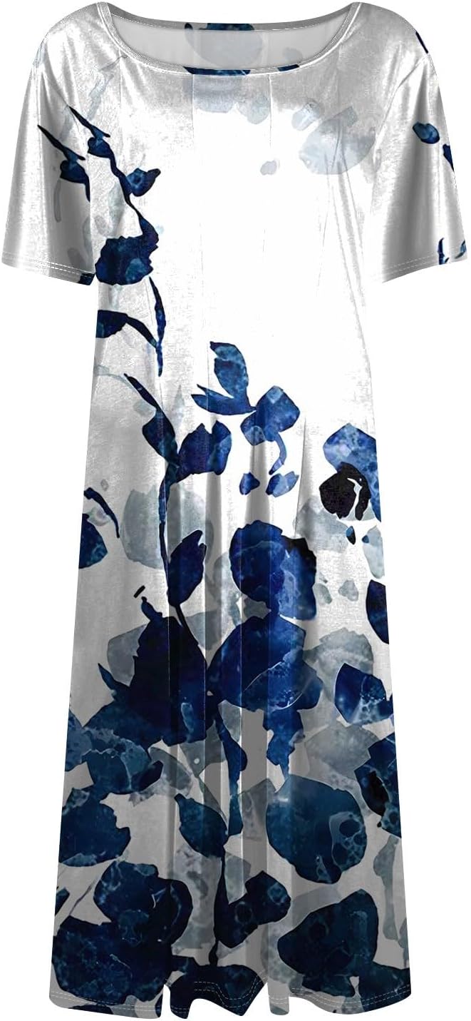 Summer Dresses for Women 2025 Crew Neck Short Sleeve Boho Beach Vacation Floral/Solid Midi Sundresses with Pockets
