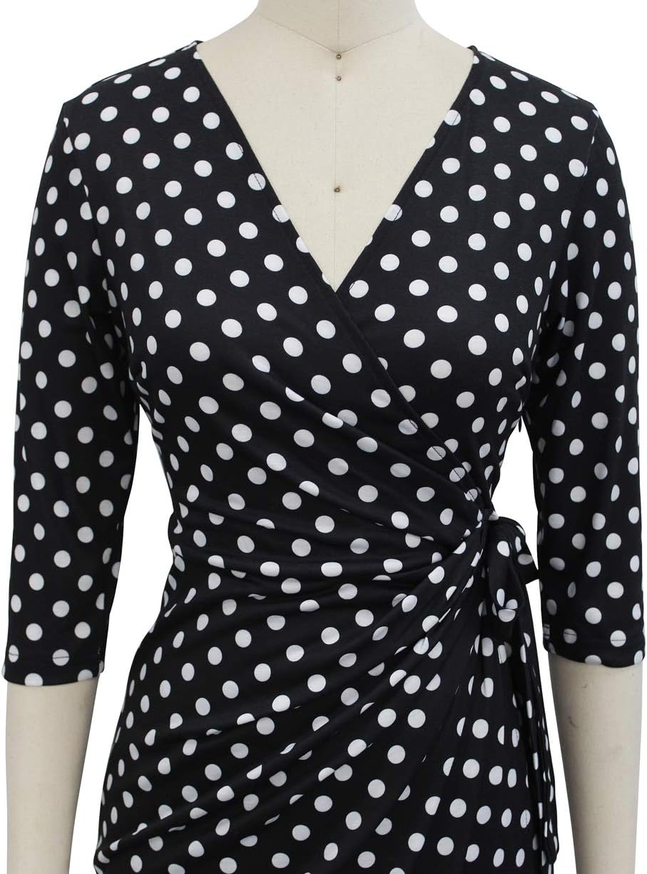 Berydress Women's Classic 3/4 Sleeve V Neck Sheath Casual Party Work Faux Black Wrap Dress