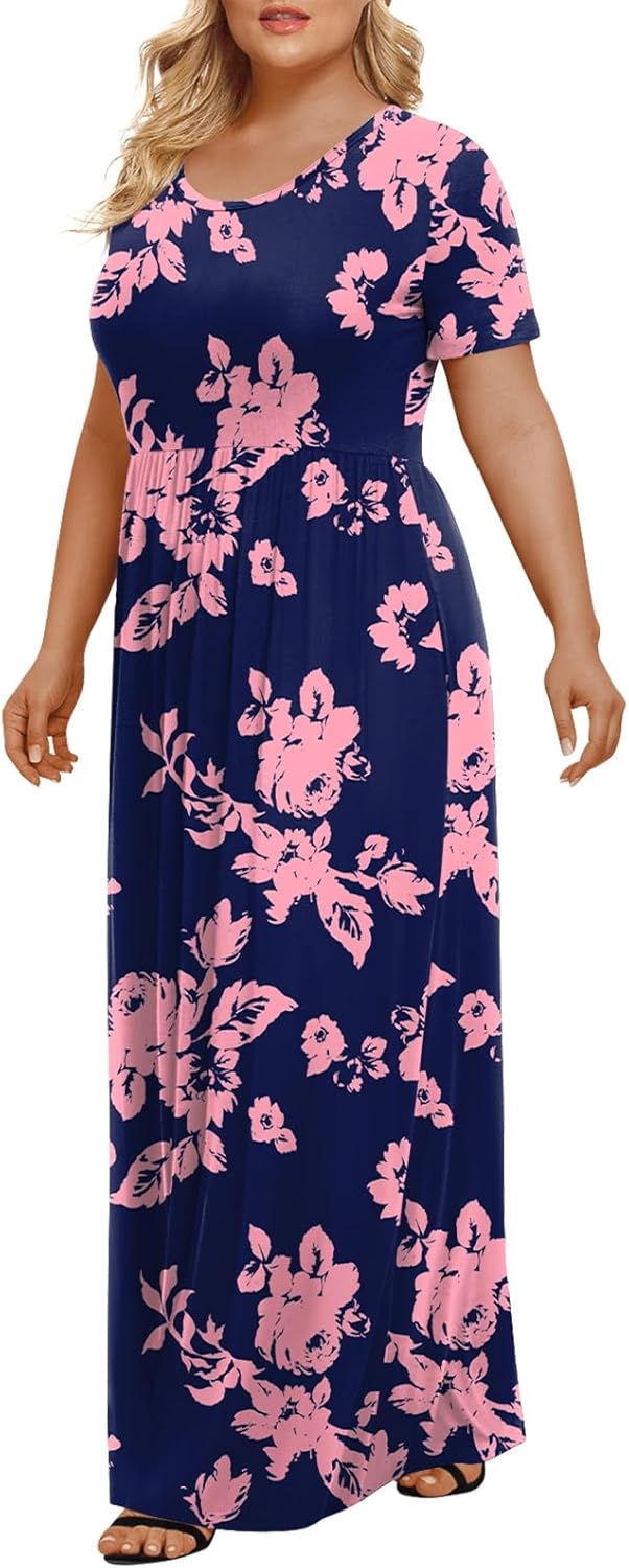 LONGYUAN Women's Plus Size Maxi Dresses for Curvy Women Summer Short Sleeve Casual 2025 Long Dress XL-6XL