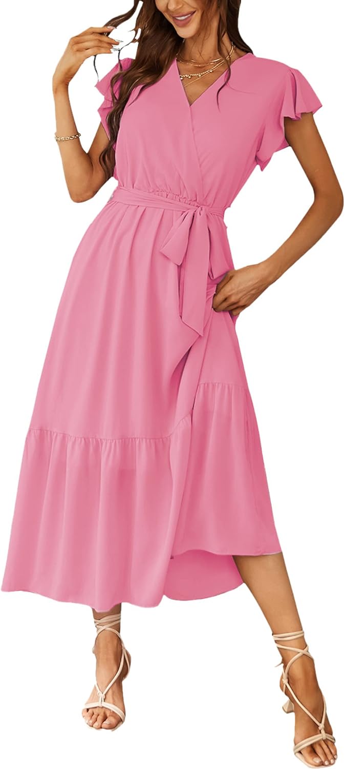 PRETTYGARDEN Women's Summer Floral Boho Dress Wrap V Neck Short Sleeve Ruffle A-Line Flowy Maxi Wedding Guest Dresses
