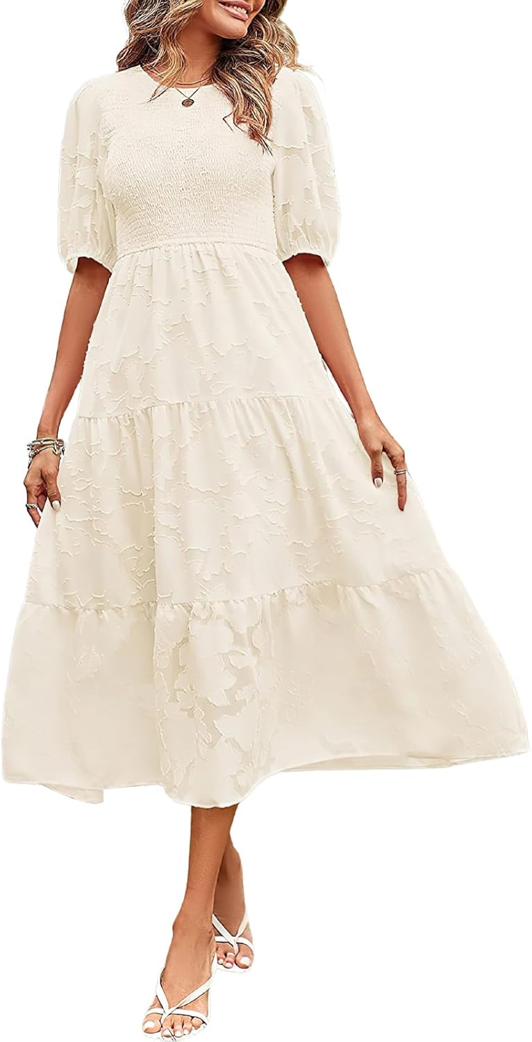 ebossy Women's Casual Smocked Lace Party Dress Puff Sleeve A-line Flowy Tiered Jacquard Midi Dress