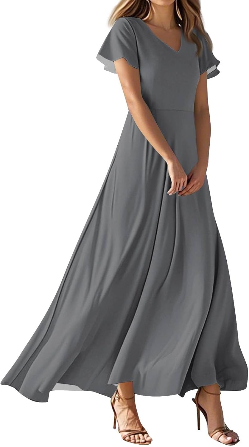 Womens Fashion V Neck Ruffle Short Sleeve Maxi Dress 2025 Summer Elegant Solid Color Flowy A Line Dresses