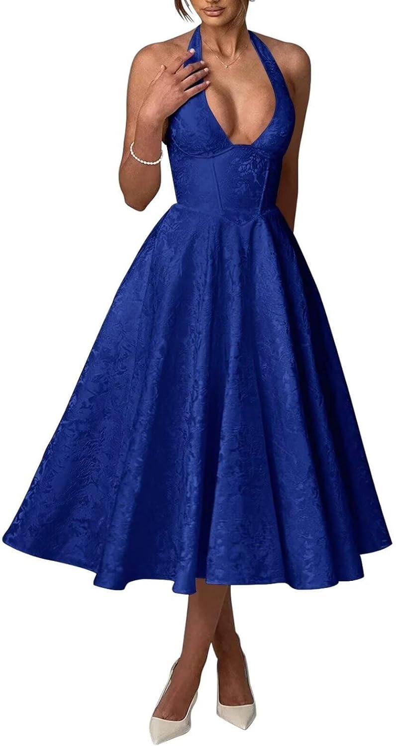 Bow Tea Length Prom Dress for Women Embroidery Satin Evening Party Gown A Line Corset Cocktail Dress