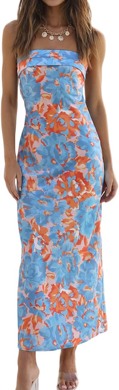 Realtix Satin Silk Backless Tube Tops Maxi Dress for Women Low Back Hollow Out Elegant Strapless Long Dresses Wedding Guest