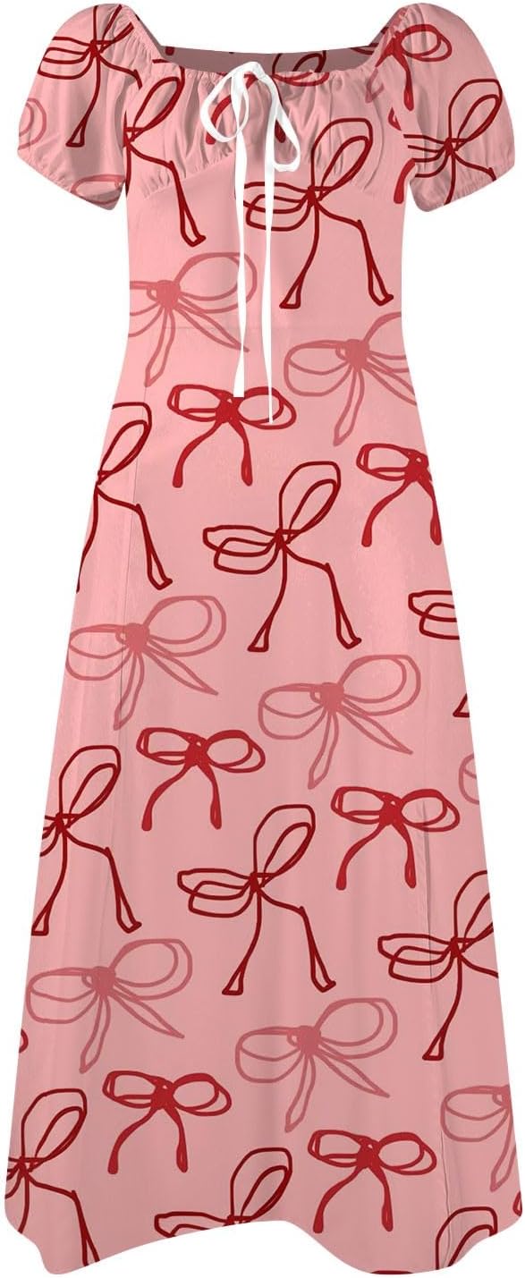 Women's Sundresses 2025 Summer Casual Loose Trendy Bubble Sleeve Square Neck Split Bow Floral Print Dress Plus Size, XS-3XL
