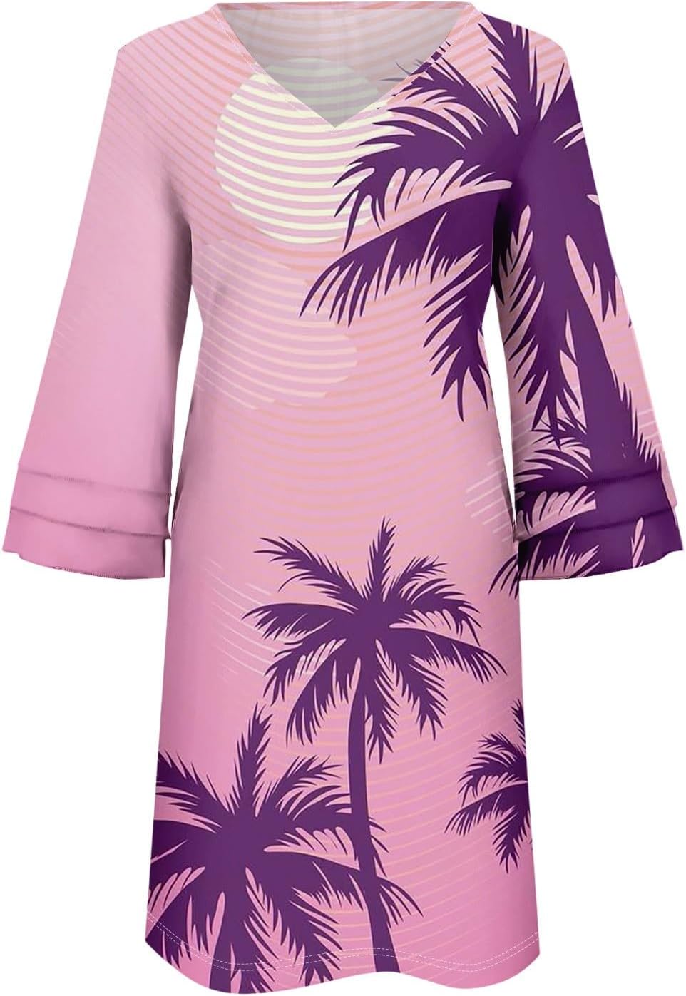 Beach Dresses for Women,2025 Summer Trendy Floral Print Boho Dress,Casual Loose V Neck Bell 3/4 Sleeve Mini Dress