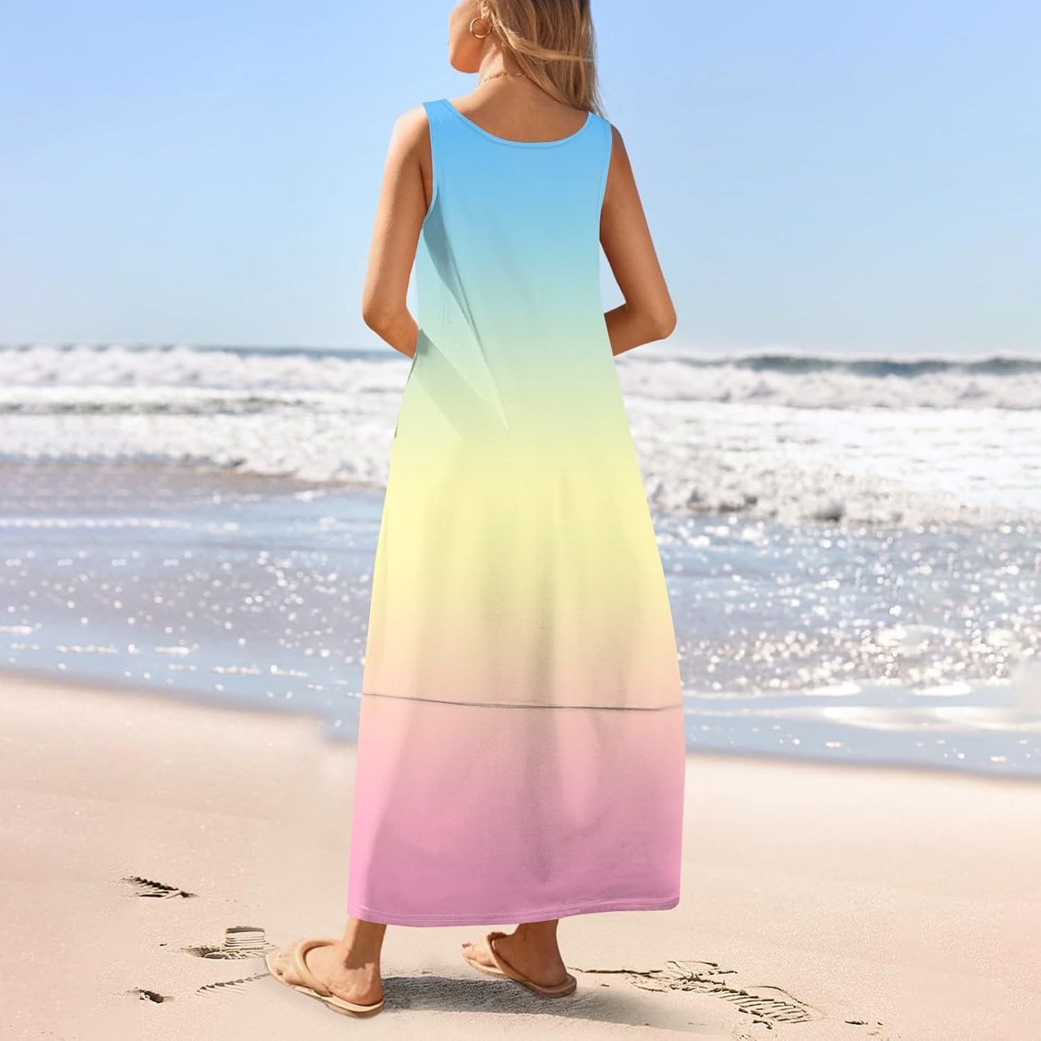 Womens Summer Tank Dress Vacation Boho Floral Long Dresses with Pockets Resort Wear Swing Beach Sleeveless Sundress