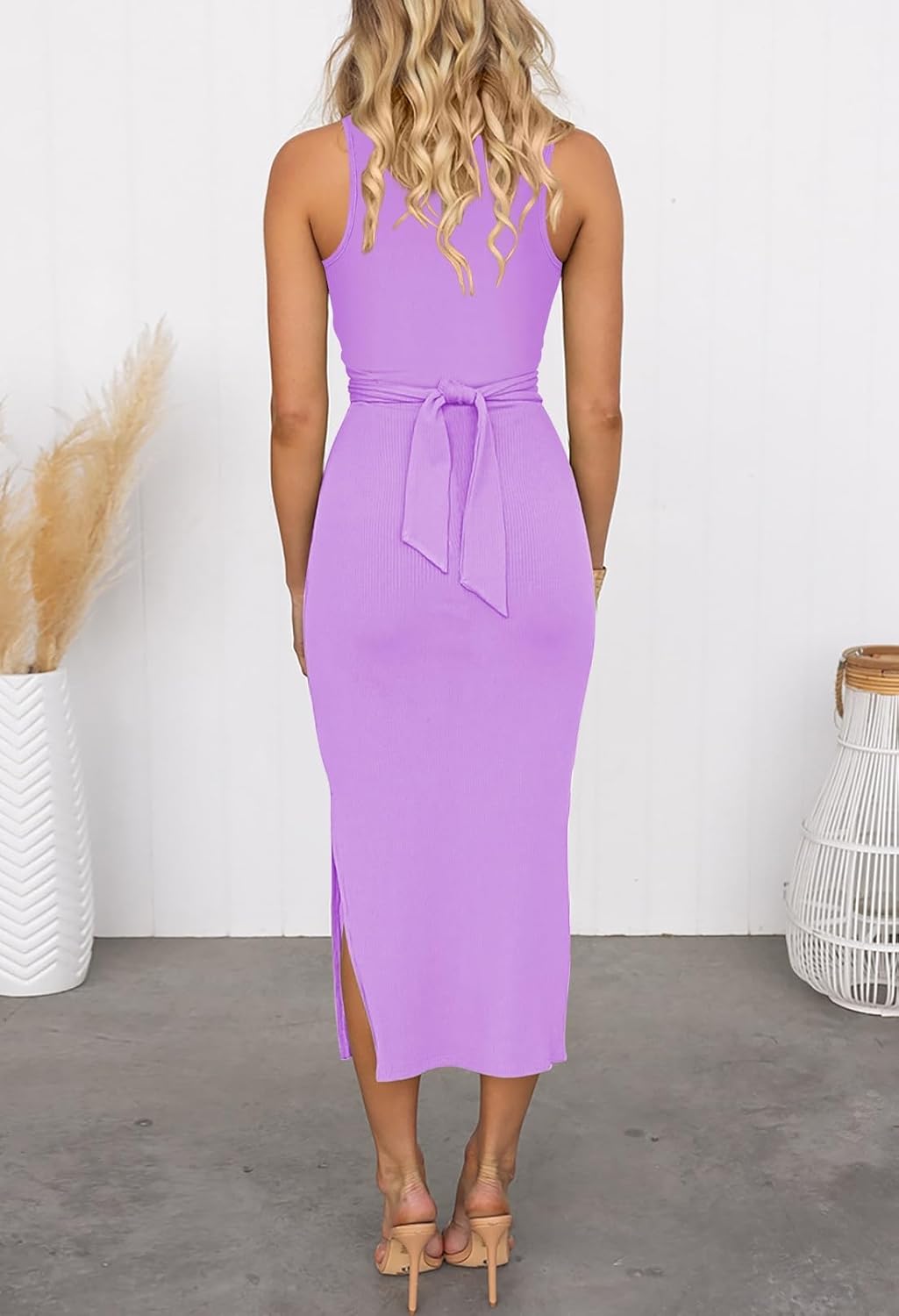 HUUSA Women's Sexy Sleeveless Cut Out Slim Bodycon Dress Crewneck Crisscross Twist Ruched Slit Ribbed Knit Tank Midi Dress