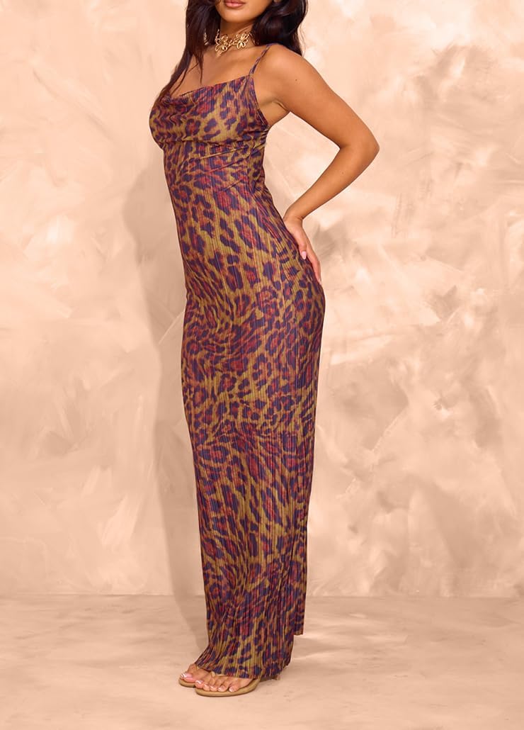 Cowl Neck Dress Sexy Strap Shoulder Pleated Maxi Dresses Summer Wedding Guest Dresses for Women