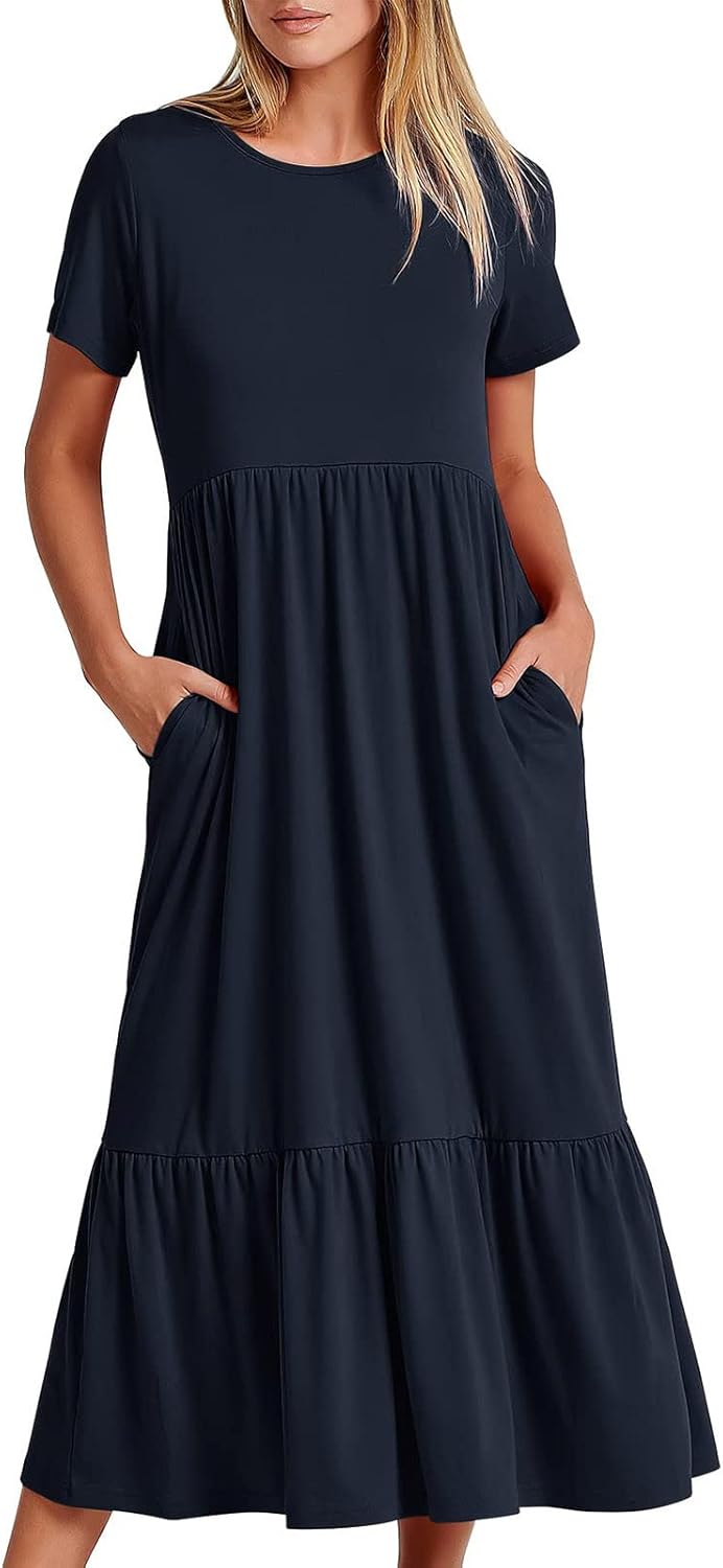 XUNRYAN Summer Dresses for Women 2024 Casual Calf Length Maxi Dress Pleated Flowy Tiered Swing Beach Sundress with Pockets