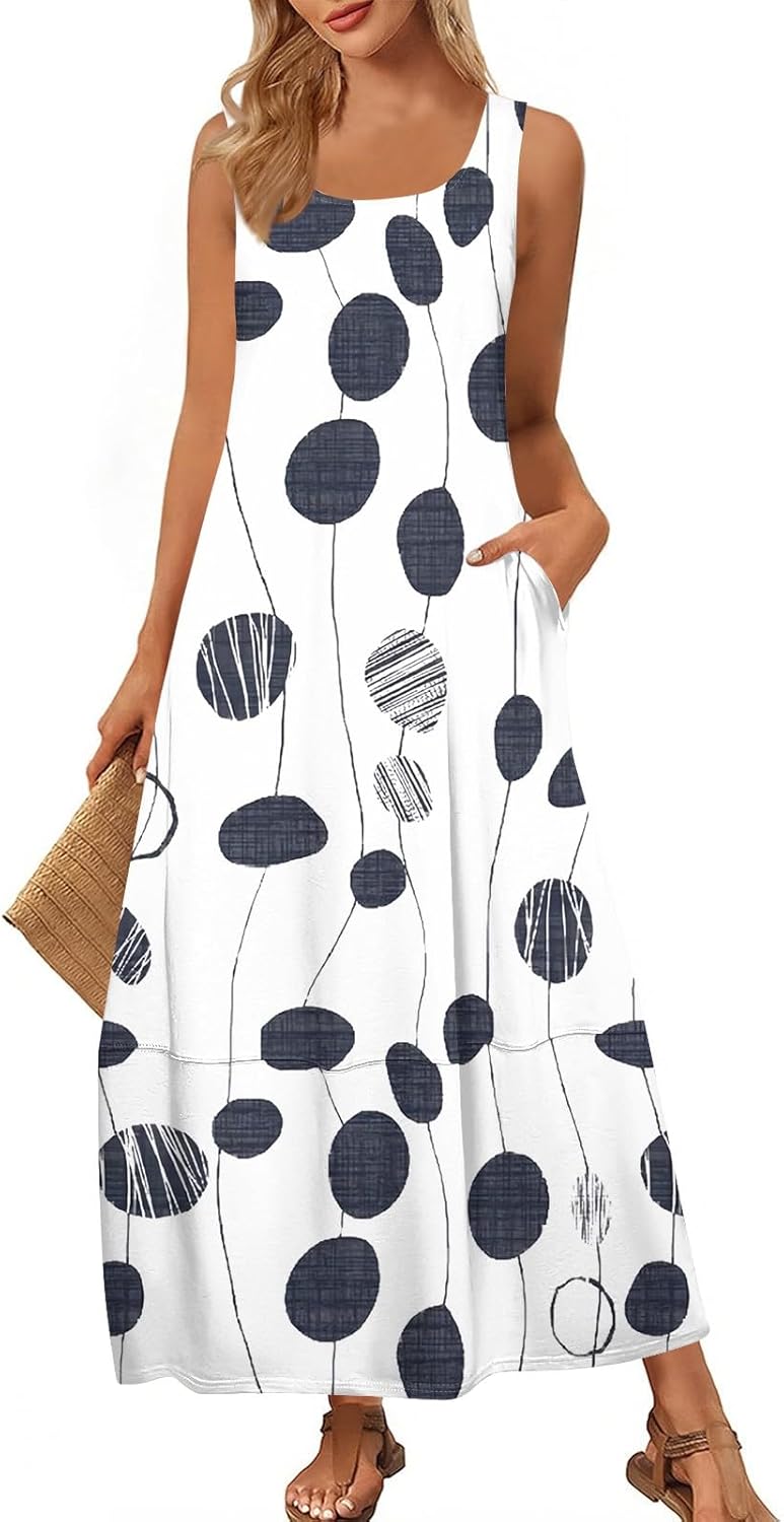 Womens Summer Tank Dress Vacation Boho Floral Long Dresses with Pockets Resort Wear Swing Beach Sleeveless Sundress