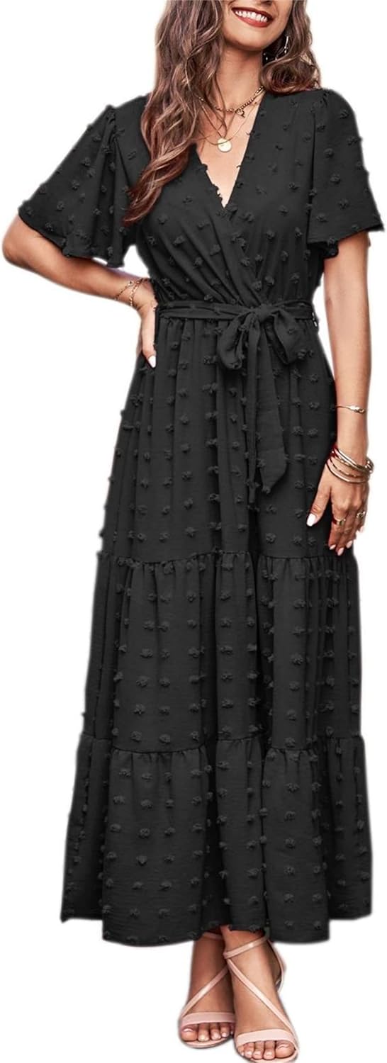 MASCOMODA Womens Boho Swiss Dot Maxi Dresses Wrap V Neck Flutter Short Sleeve Solid Tie Belt A Line Tiered Flowy Long Dress
