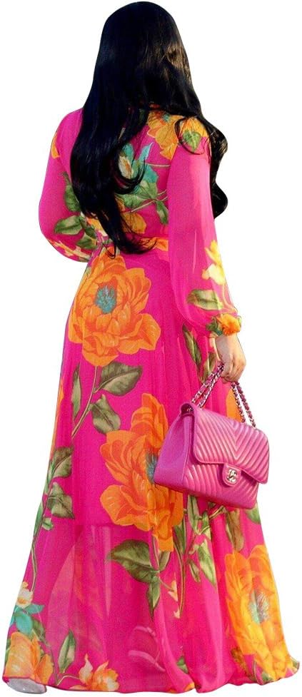 Nuofengkudu Womens Chiffon Deep V-Neck Stripe Printed Maxi Dress Unique Loose Summer Boho Dresses High Waiste(S-5XL)