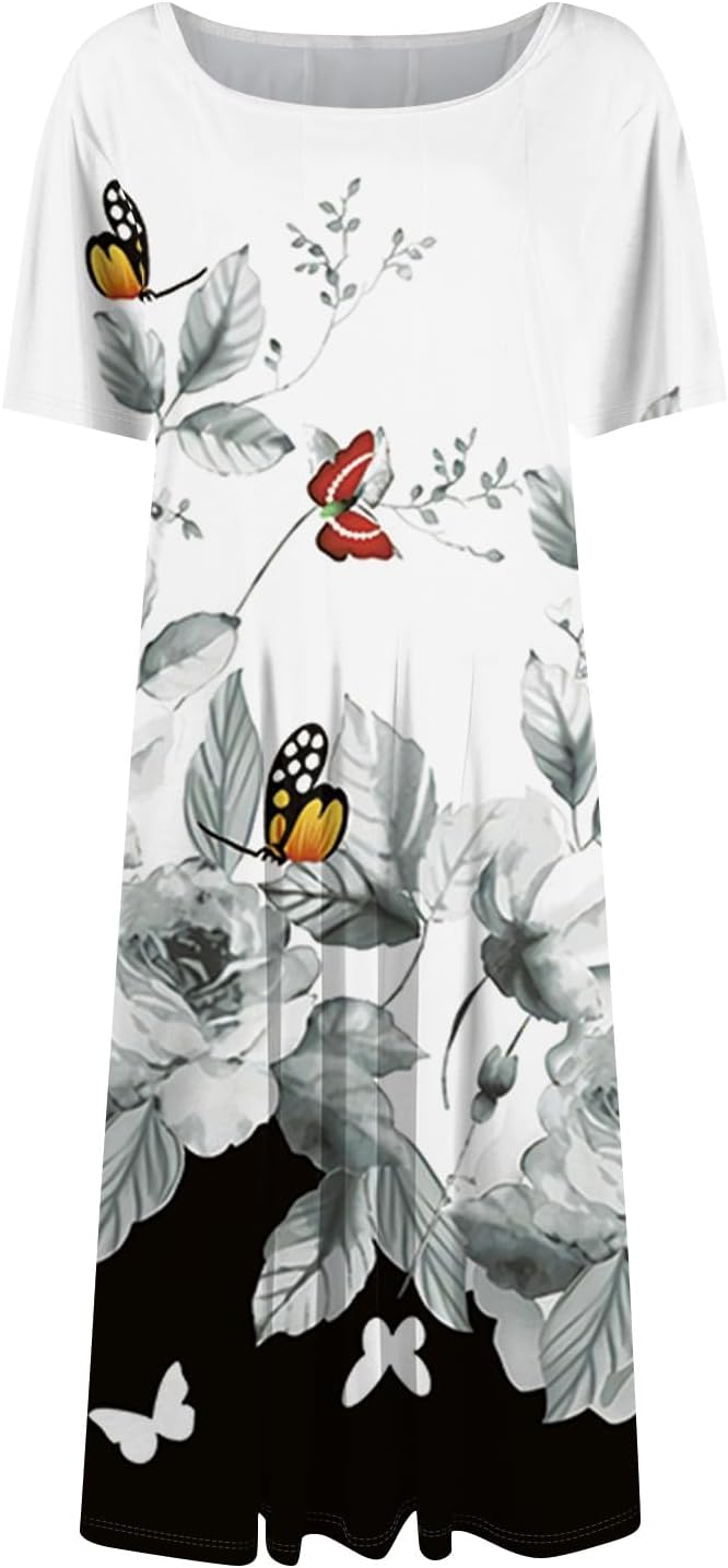 Summer Dresses for Women 2025 Crew Neck Short Sleeve Boho Beach Vacation Floral/Solid Midi Sundresses with Pockets