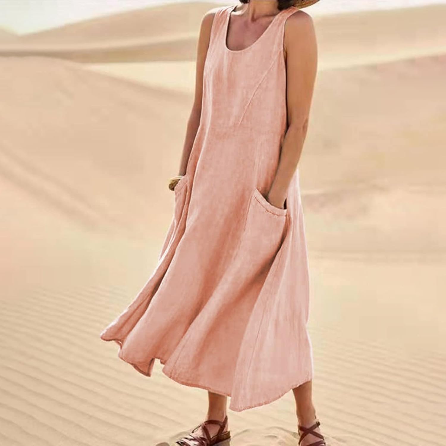Women's Casual Sleeveless Dresses, Cotton Linen Pocket Dresses Summer Dresses for Women 2024 Sundresses Beach Dress