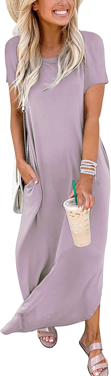 ANRABESS Women's Summer Casual Loose Short Sleeve Long T Shirt Dress Split Maxi Beach Sundress Travel Vacation Outfits