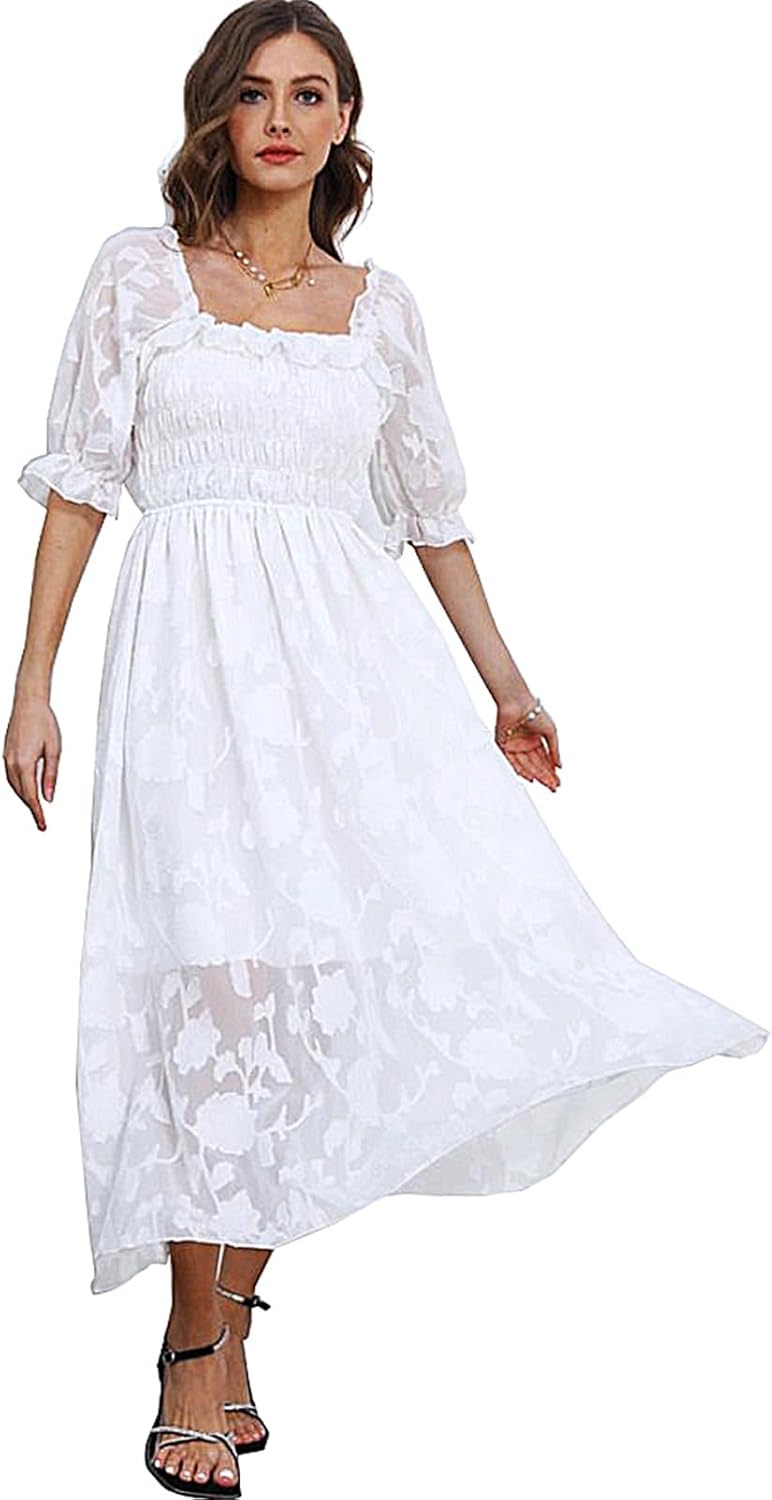 Women Floral Easter Spring Summer Dress Square Neck Chiffon Boho 2025 Maxi Long Wedding Guest Bridal Shower Dresses