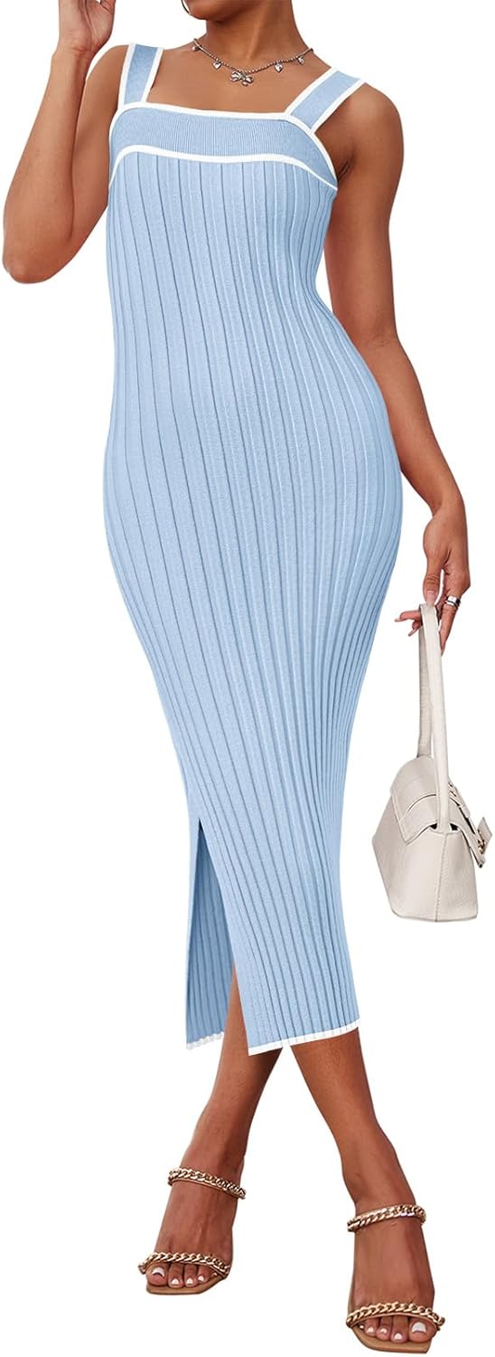 MEROKEETY Women's 2025 Summer Spring Bodycon Midi Dress Vacation Sleeveless Ribbed Knit Striped Party Sweater Dresses