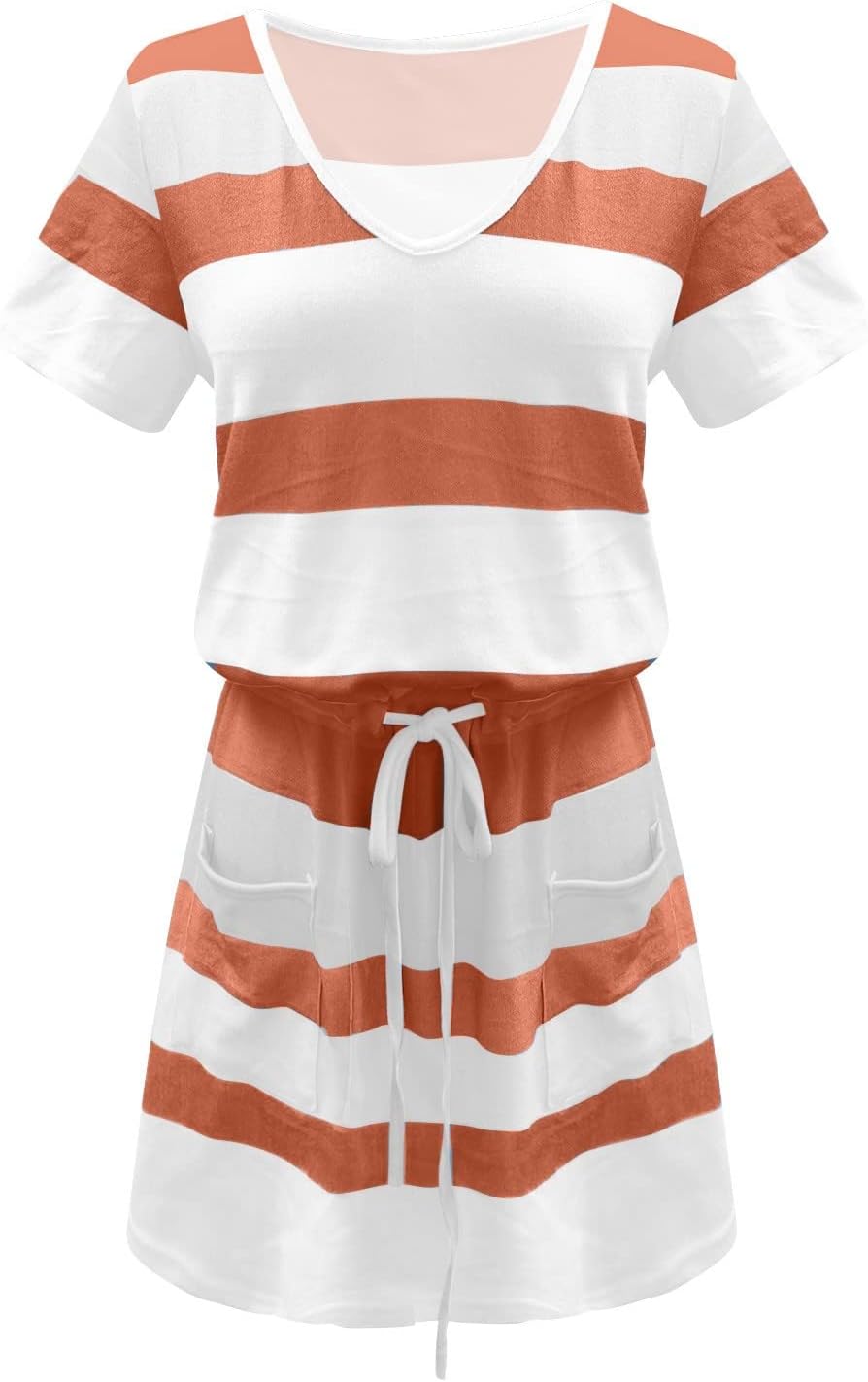 Women Summer Casual Striped Dress Drawstring Waist Tie Knot Mini Dresses Short Sleeve V Neck Tank Dress with Pocket