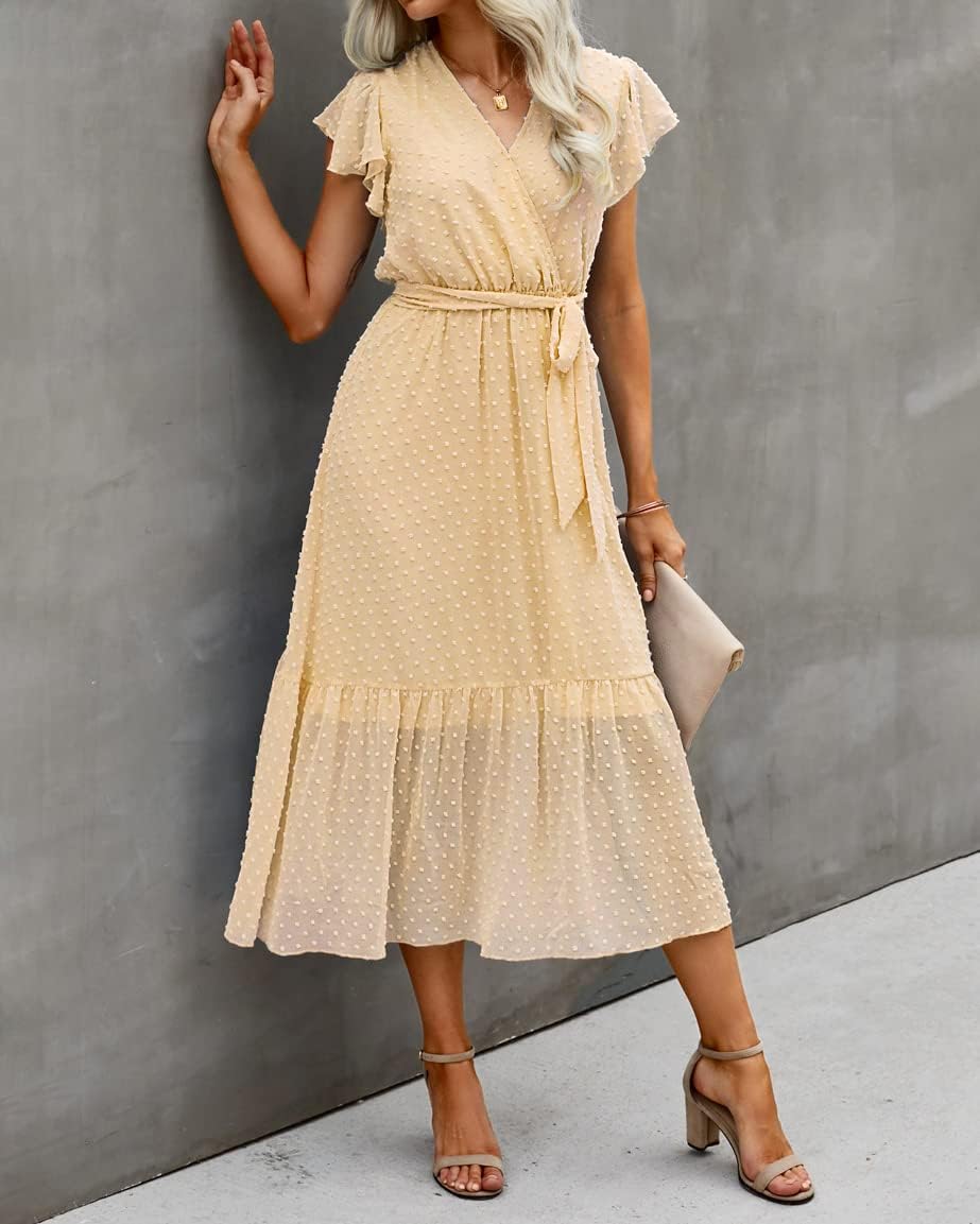 BTFBM Women Summer Bohemian Floral Casual Wrap V Neck Ruffle Cap Sleeveless Belt A-Line Pleated Hem Midi Sun Dress White