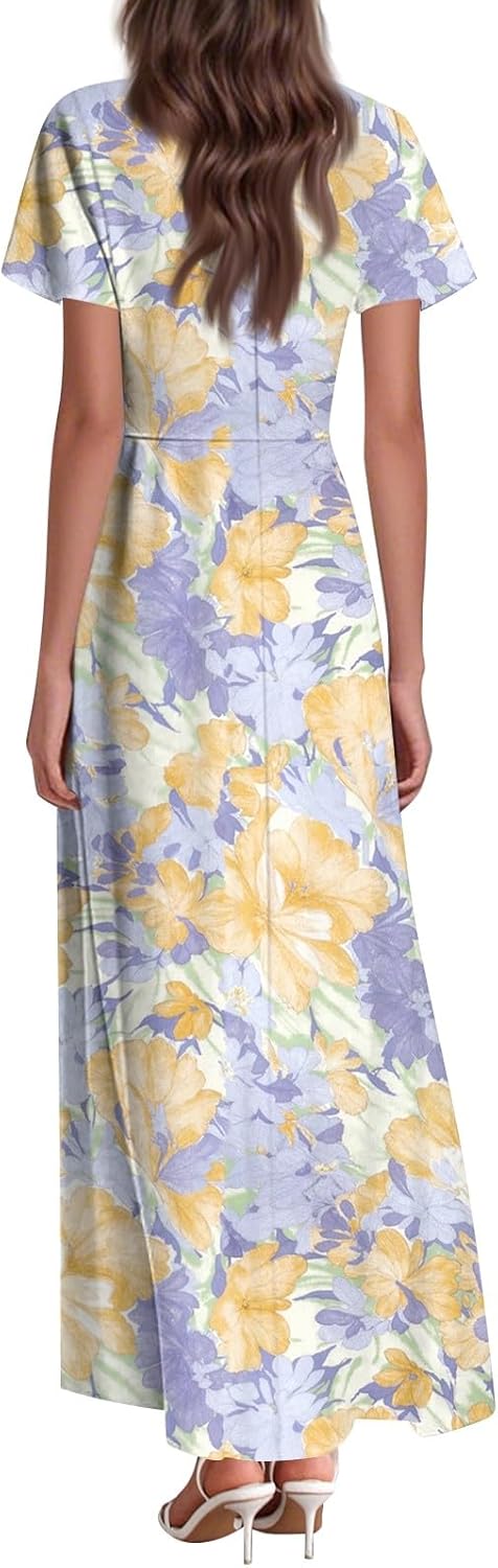 Womens Fashion V Neck Ruffle Short Sleeve Maxi Dress 2025 Summer Elegant Solid Color Flowy A Line Dresses