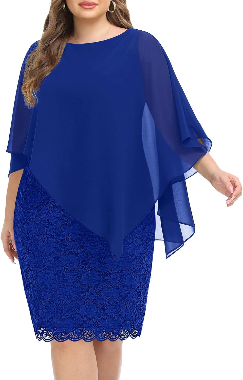 Plus Size Dresses Wedding Guest - Mother Bride Semi Formal Lace Cape with Chiffon Overlay Dresses