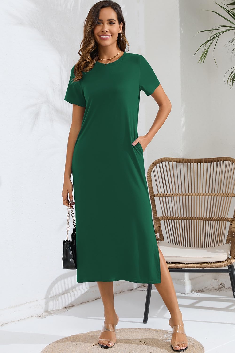 Naggoo Women's Short Sleeve Split Maxi Dress Casual Plain Tie Dye Print Tshirt Long Dresses with Pockets