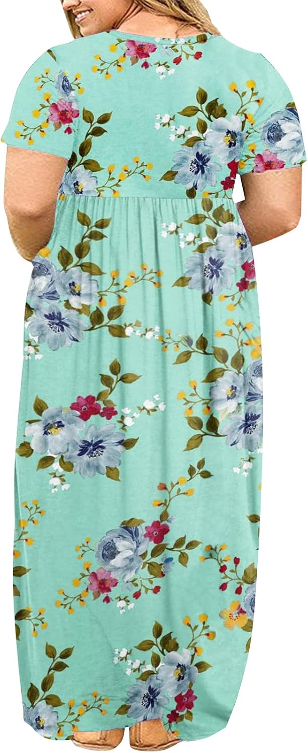 Kancystore Women's Short Sleeve Plus Size Maxi Dress with Pockets Loose Casual Summer Dresses