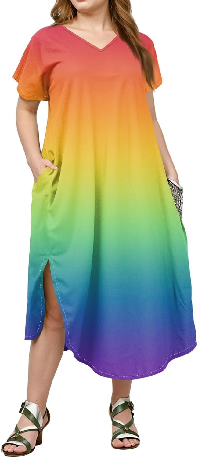 Maxi Dresses for Women 2025 Plus Size Tie Dye V Neck Dress Short Sleeve Side Split Beach Summer Sundress with Pocket