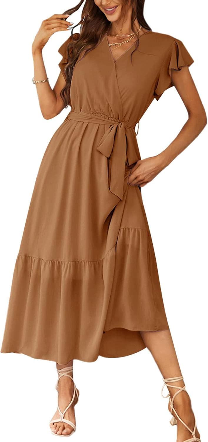 PRETTYGARDEN Women's Summer Floral Boho Dress Wrap V Neck Short Sleeve Ruffle A-Line Flowy Maxi Wedding Guest Dresses