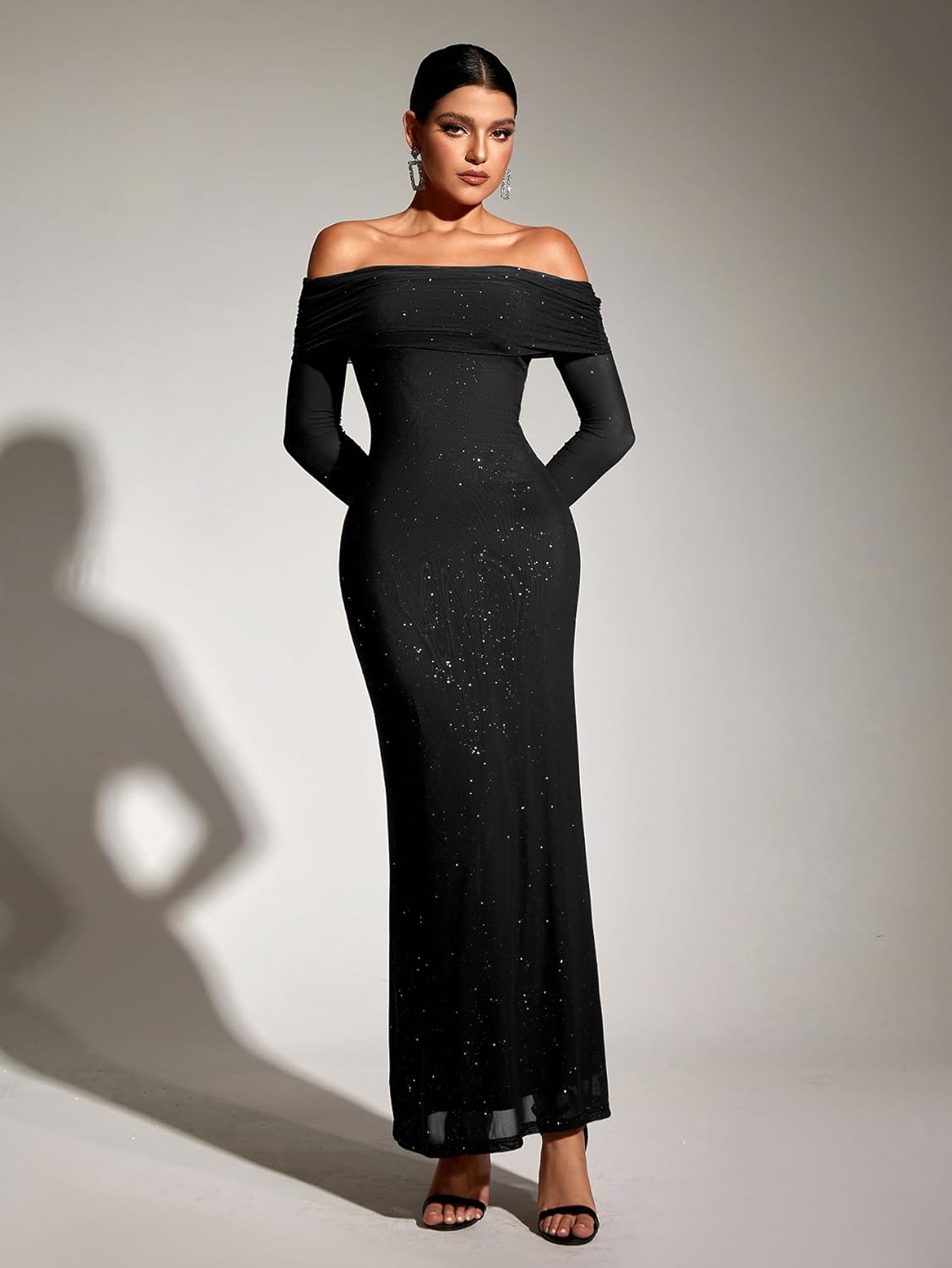 KUTUMAI Women Off Shoulder Bodycon Maxi Dress Long Sleeve Mesh Ruched Party Formal Wedding Guest Dresses
