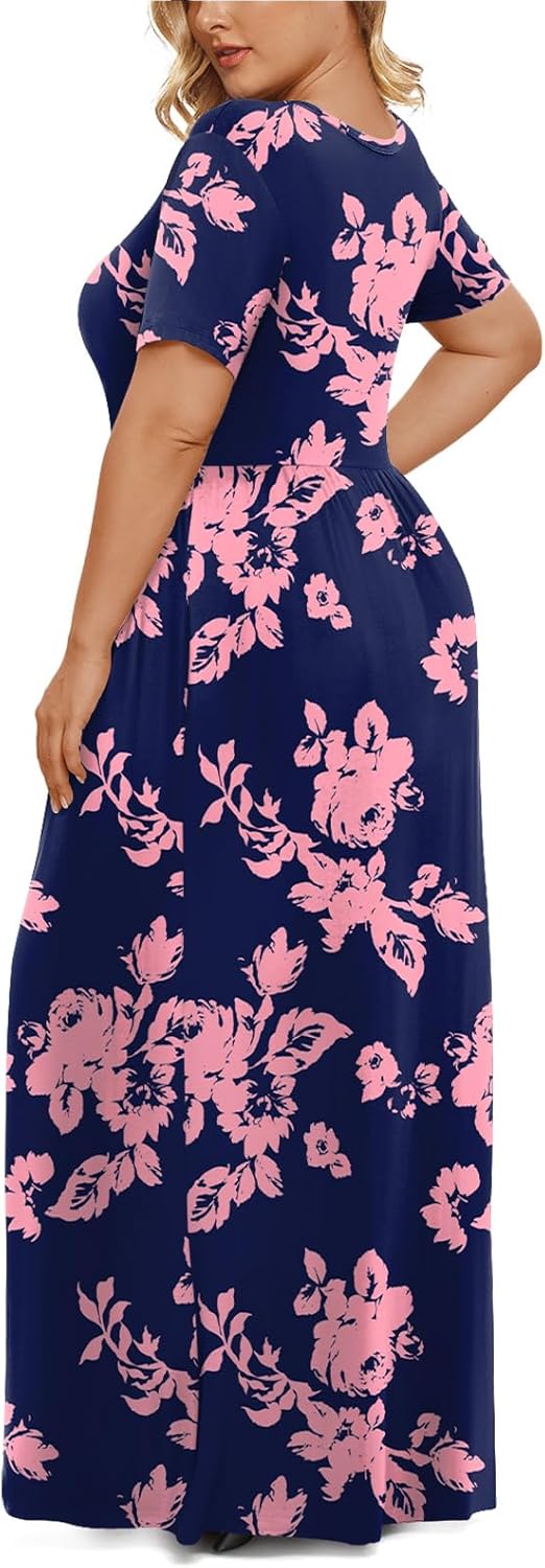 LONGYUAN Women's Plus Size Maxi Dresses for Curvy Women Summer Short Sleeve Casual 2025 Long Dress XL-6XL