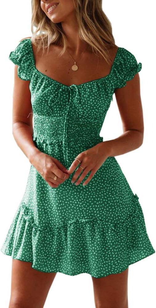 YOBECHO Women's Summer Ruffle Sleeve Sweetheart Neckline Printing Dress Mini Dress