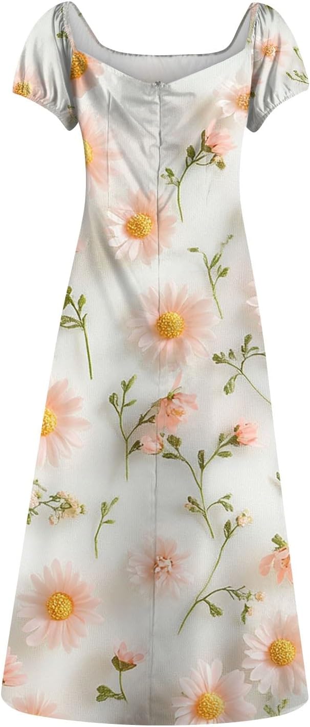 Women's Sundresses 2025 Summer Casual Loose Trendy Bubble Sleeve Square Neck Split Bow Floral Print Dress Plus Size, XS-3XL