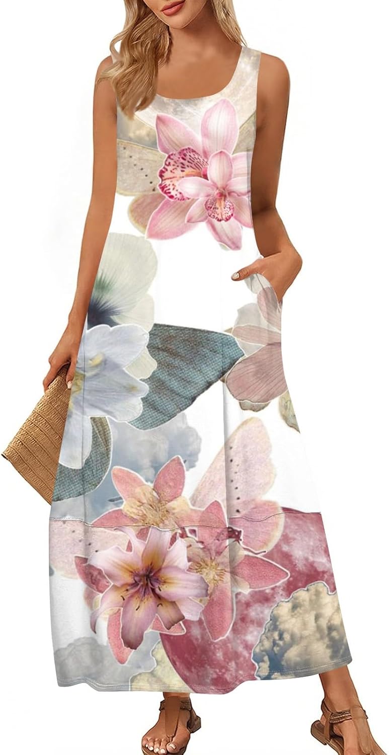 Womens Summer Tank Dress Vacation Boho Floral Long Dresses with Pockets Resort Wear Swing Beach Sleeveless Sundress