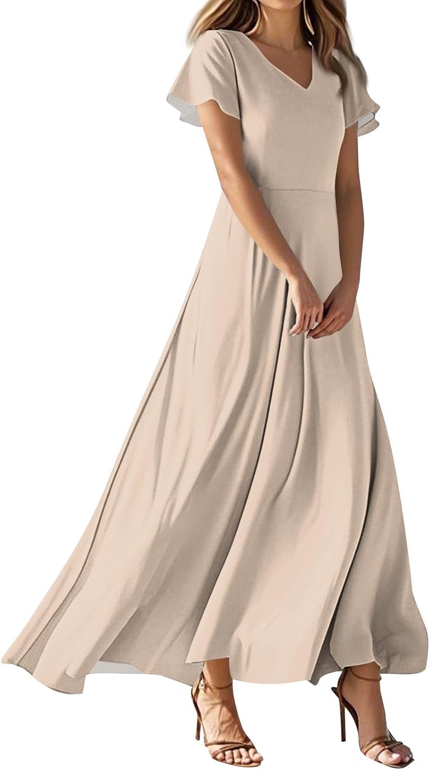 Womens Fashion V Neck Ruffle Short Sleeve Maxi Dress 2025 Summer Elegant Solid Color Flowy A Line Dresses