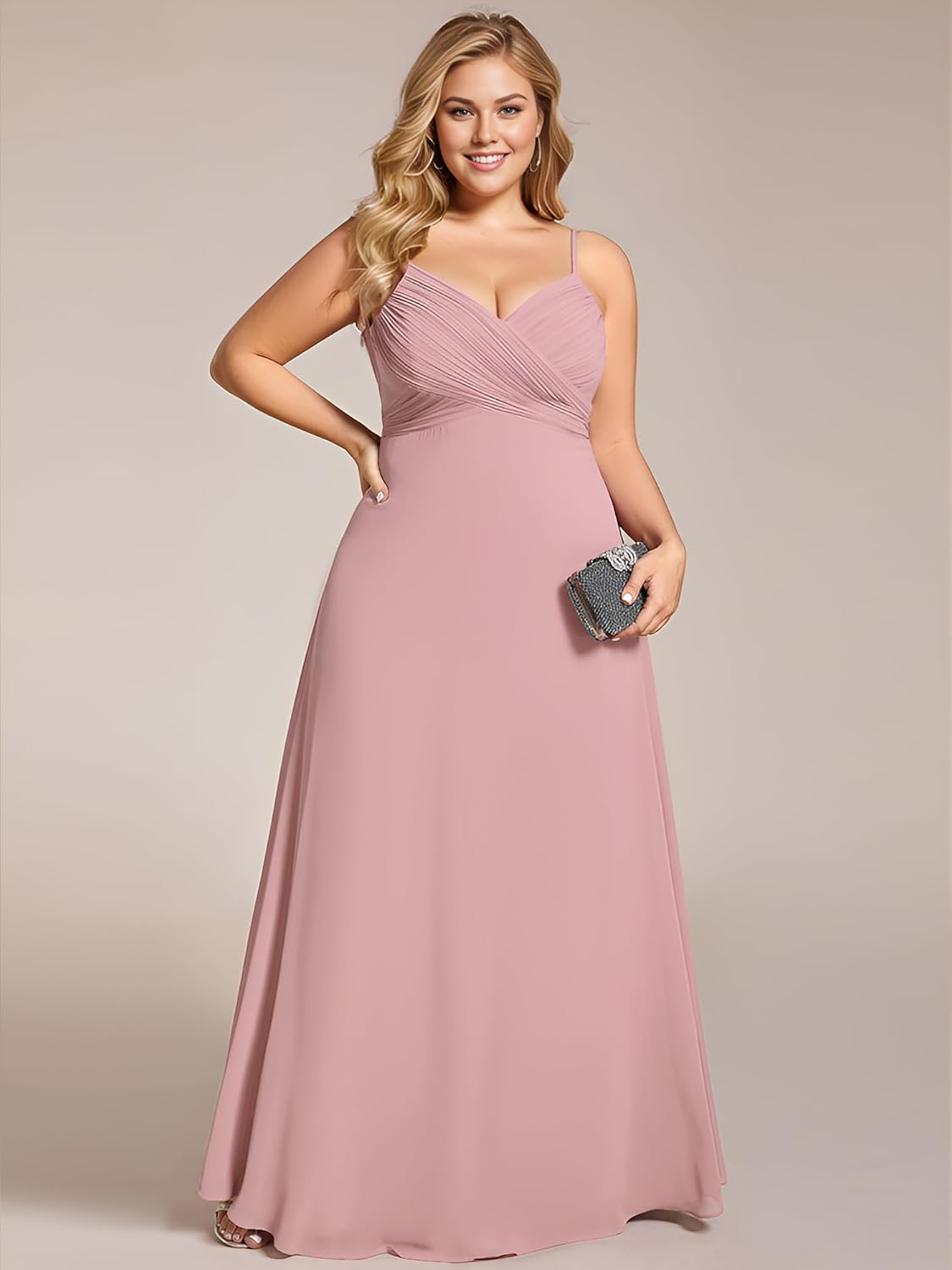 Ever-Pretty Women's Summer Chiffon Pleated Plus Size Bridesmaid Dresses Sleeveless Formal Gown with Spaghetti Straps