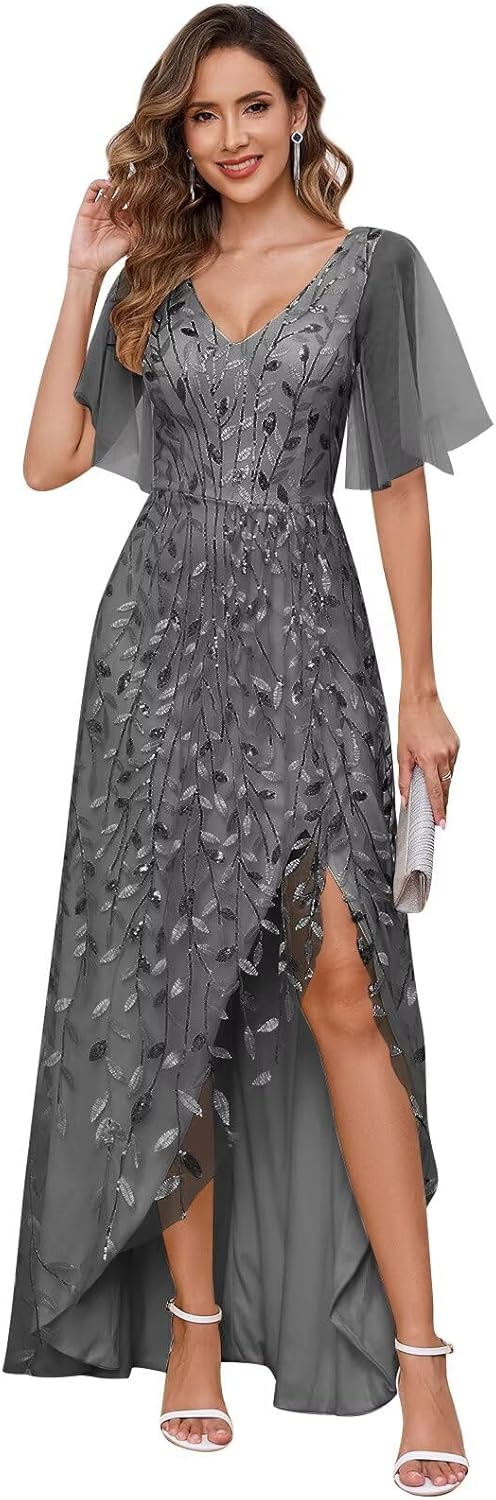 Women's Short Sleeve Mother of The Bride Dresses for Wedding Sparkly Sequin Long Formal Evening Dresses