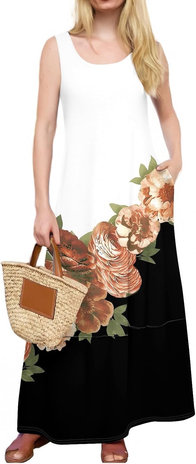 Womens Summer Tank Dress Vacation Boho Floral Long Dresses with Pockets Resort Wear Swing Beach Sleeveless Sundress