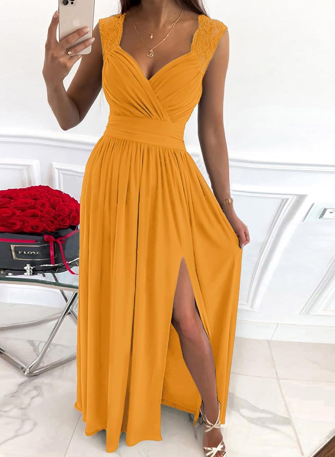 Dokotoo Womens 2025 Formal Dresses Wrap V-Neck Ruched Sexy Bridesmaid Wedding Guest Maxi Dresses