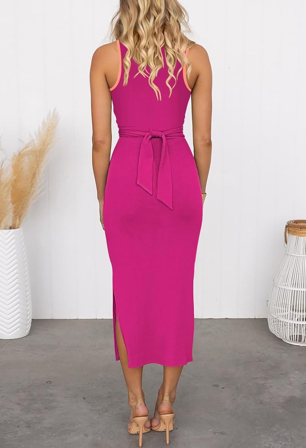 HUUSA Women's Sexy Sleeveless Cut Out Slim Bodycon Dress Crewneck Crisscross Twist Ruched Slit Ribbed Knit Tank Midi Dress