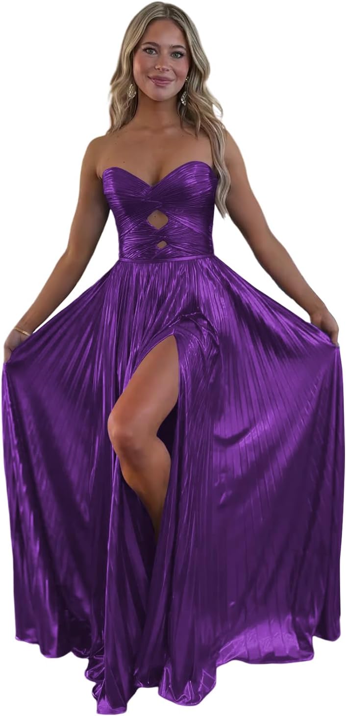 Loyeloy Sparkly Metallic Prom Dresses with Slit A Line Keyhole Satin Long Prom Ball Gowns for Women