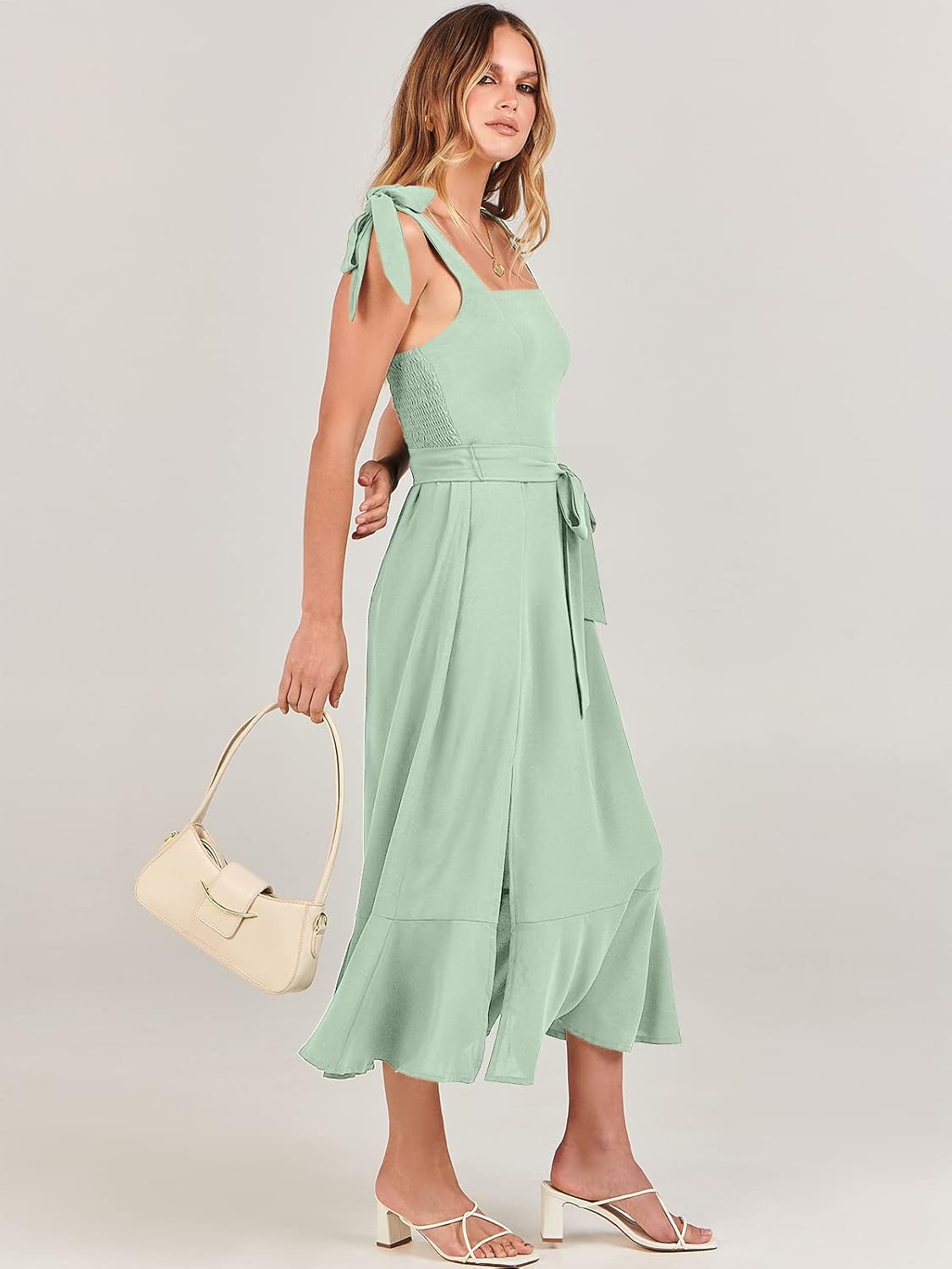 ANRABESS Women's Square Neck Ruffle Split Midi Elegant Formal Wedding Guest Cocktail Bridesmaid Graduation Party Dresses