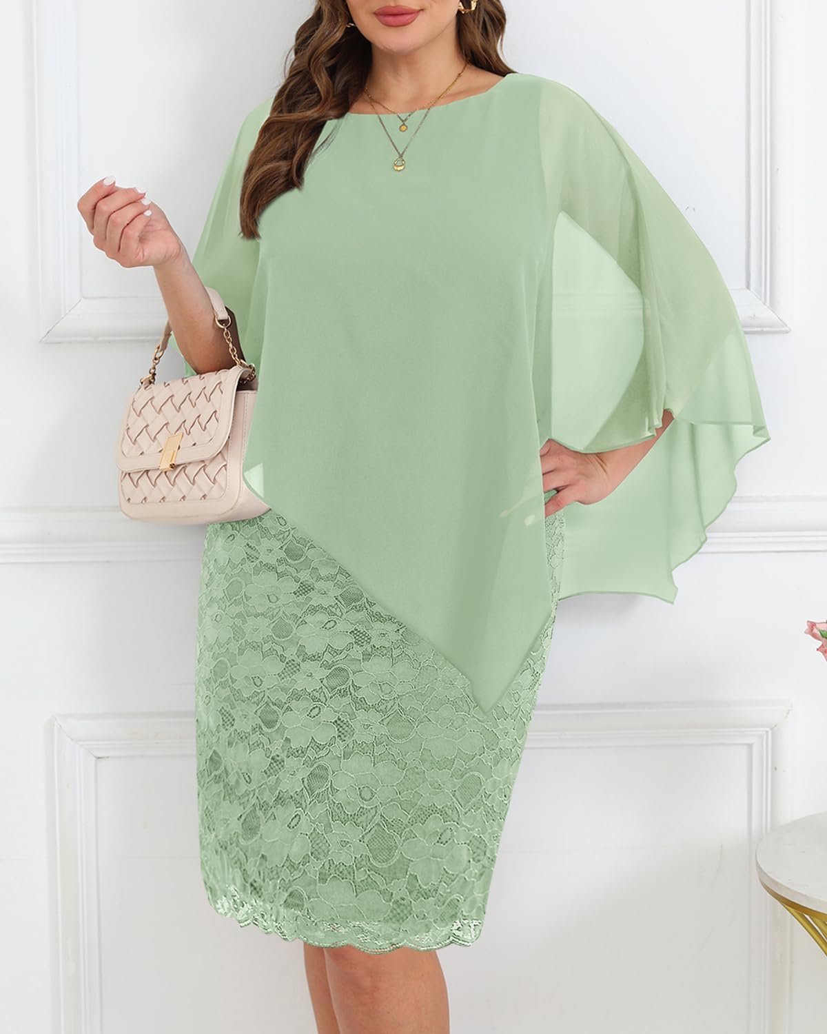 Plus Size Dresses Wedding Guest - Mother Bride Semi Formal Lace Cape with Chiffon Overlay Dresses