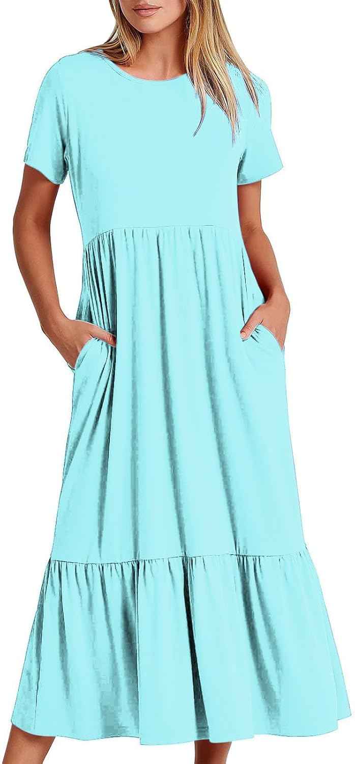 XUNRYAN Summer Dresses for Women 2024 Casual Calf Length Maxi Dress Pleated Flowy Tiered Swing Beach Sundress with Pockets