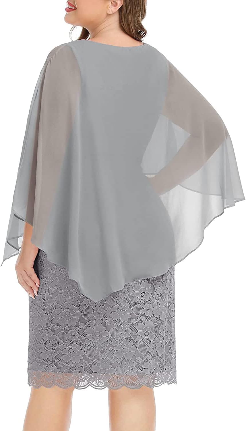 Plus Size Dresses Wedding Guest - Mother Bride Semi Formal Lace Cape with Chiffon Overlay Dresses