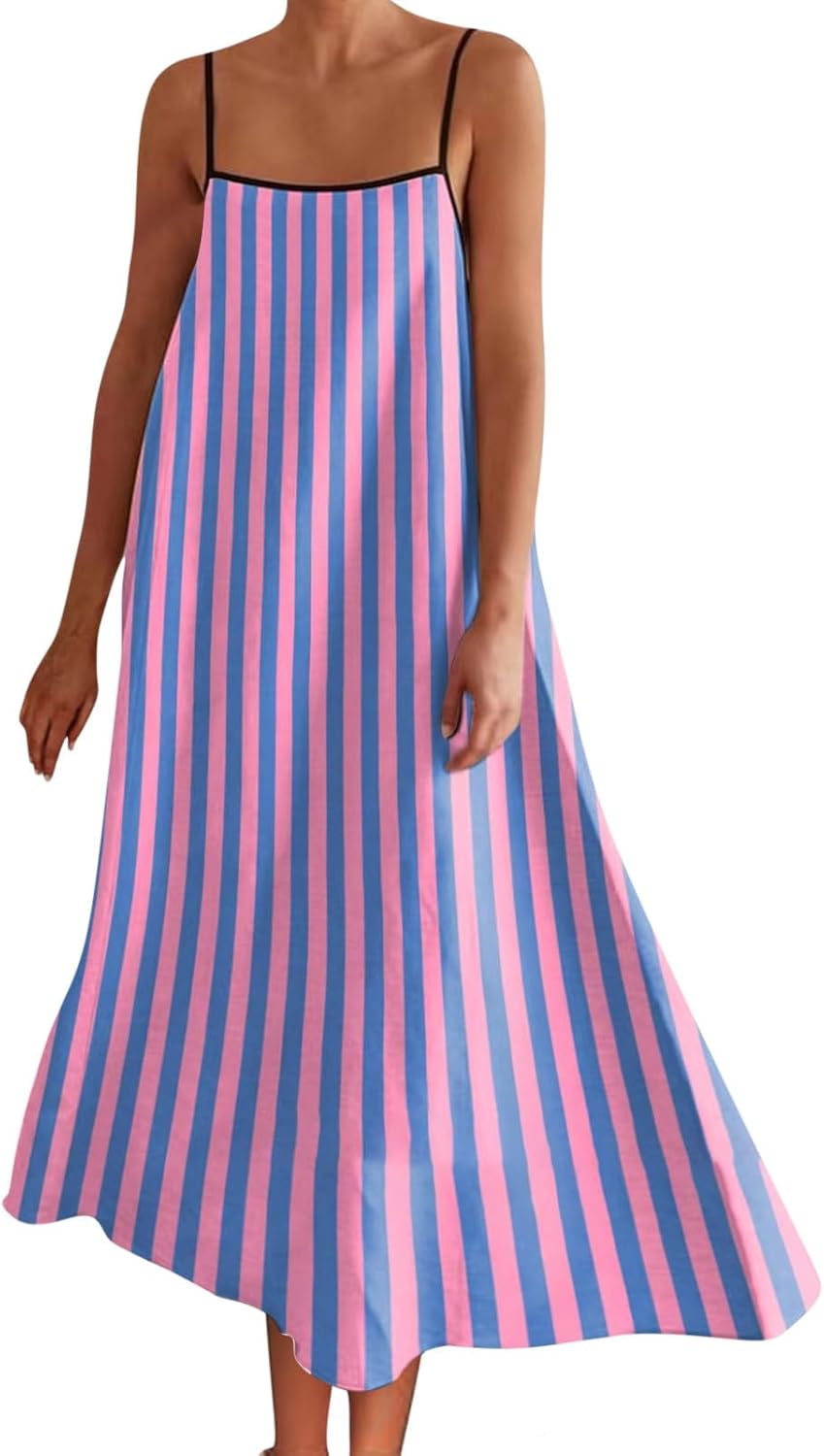 Women's Colorblock Stripe Sleeveless Dress Spaghetti Strap Loose Fit Sling Dresses Summer Mid Calf Length Dress